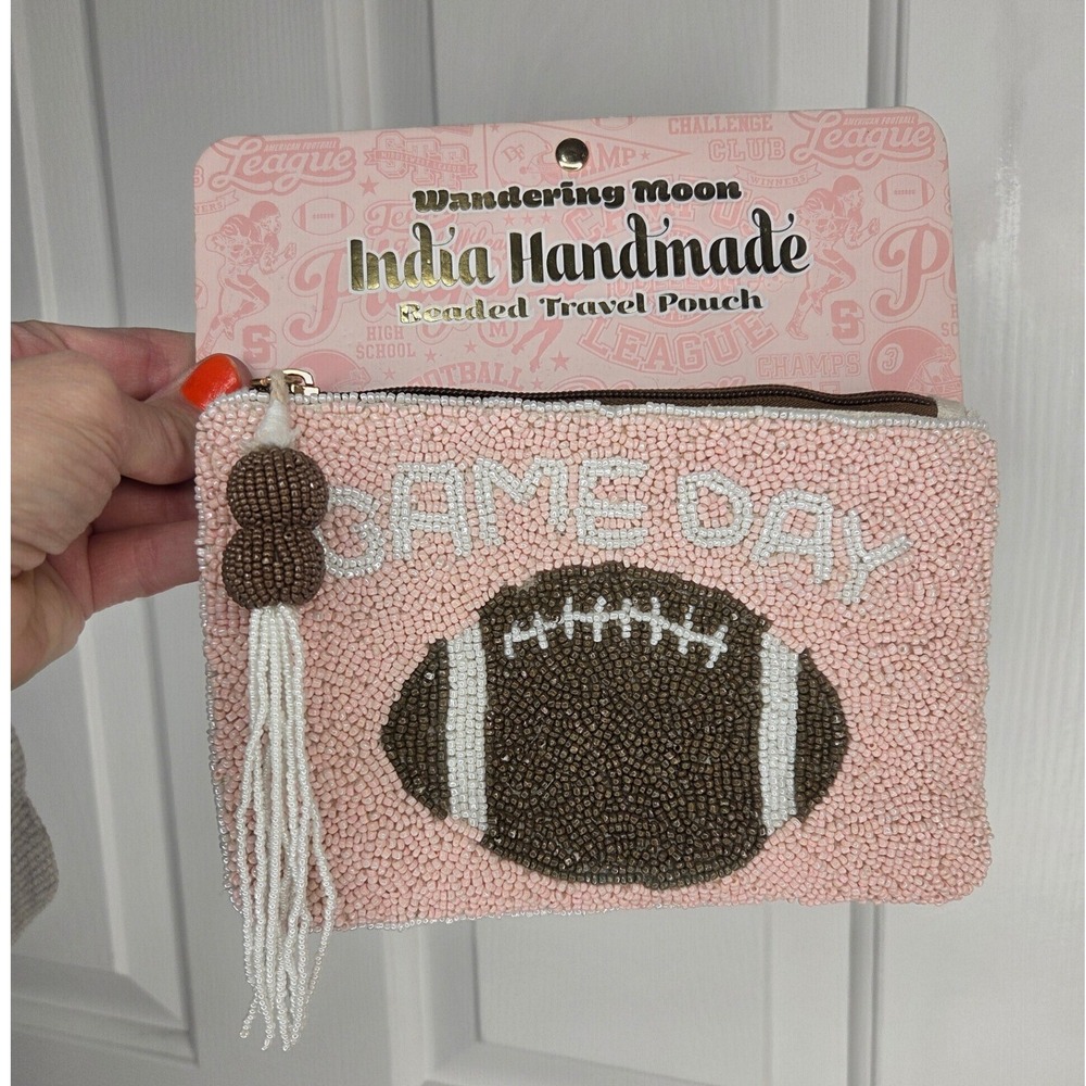 Handmade Beaded Game Day Football Travel Pouch Pink Clutch Made in India Fall